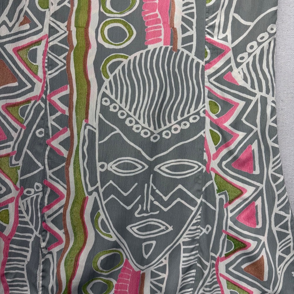VTG Tribal Mask Print Rayon Shift Dress Grey Pink Sleeveless Button Down NWT M‎ - Picture 12 of 12